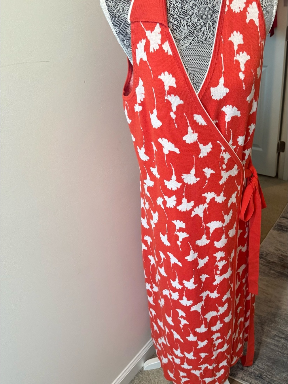 Diane Von Furstenberg Coral-Red Wrap Midi Dress with White Floral Motif